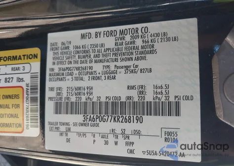 2019 Ford Fusion S из США, поврежденный, VIN 3FA6P0G77KR268190